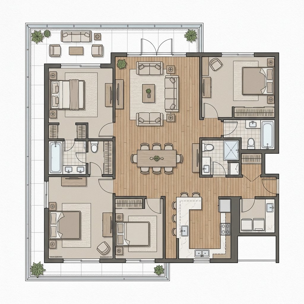 3 BHK floor plan with multi-aspect balcony at The Reserve, Sinhgad Road Pune - 1,100 to 1,400 sq.ft. carpet area